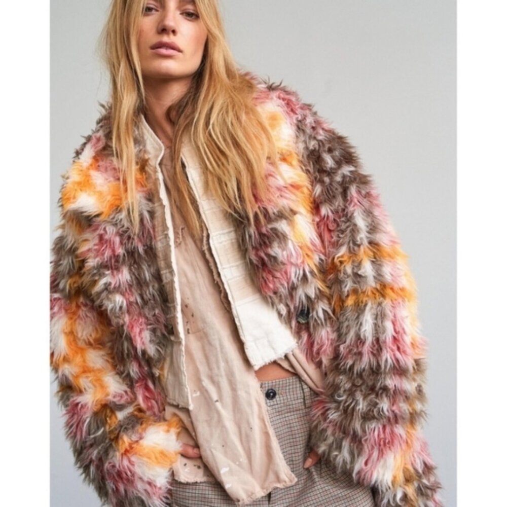 FREE PEOPLE PLAID CARDI FAUX FUR COAT Size SMALL